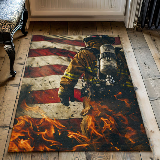 Bold Fire Truck in Front of USA Flag Rug: Honor First Responders and Country, Firefighter Rugs for Living Room Bedroom, Firefighter Rectangular Rugs Full Size FR44
