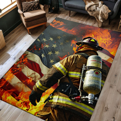 Vibrant Firefighter America Flag Area Rug: Show Patriotism and Heroism, Firefighter Rugs for Living Room Bedroom, Firefighter Rectangular Rugs Full Size FR43