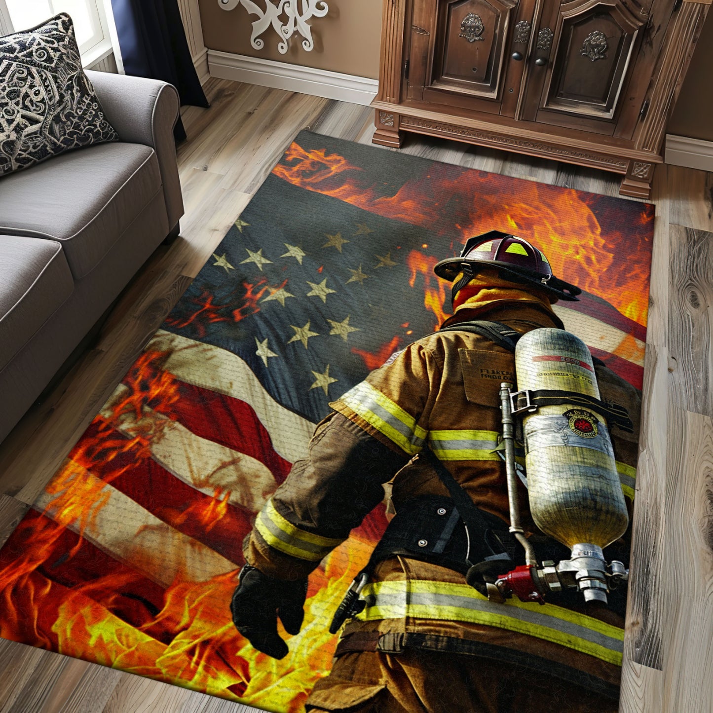 Vibrant Firefighter America Flag Area Rug: Show Patriotism and Heroism, Firefighter Rugs for Living Room Bedroom, Firefighter Rectangular Rugs Full Size FR43
