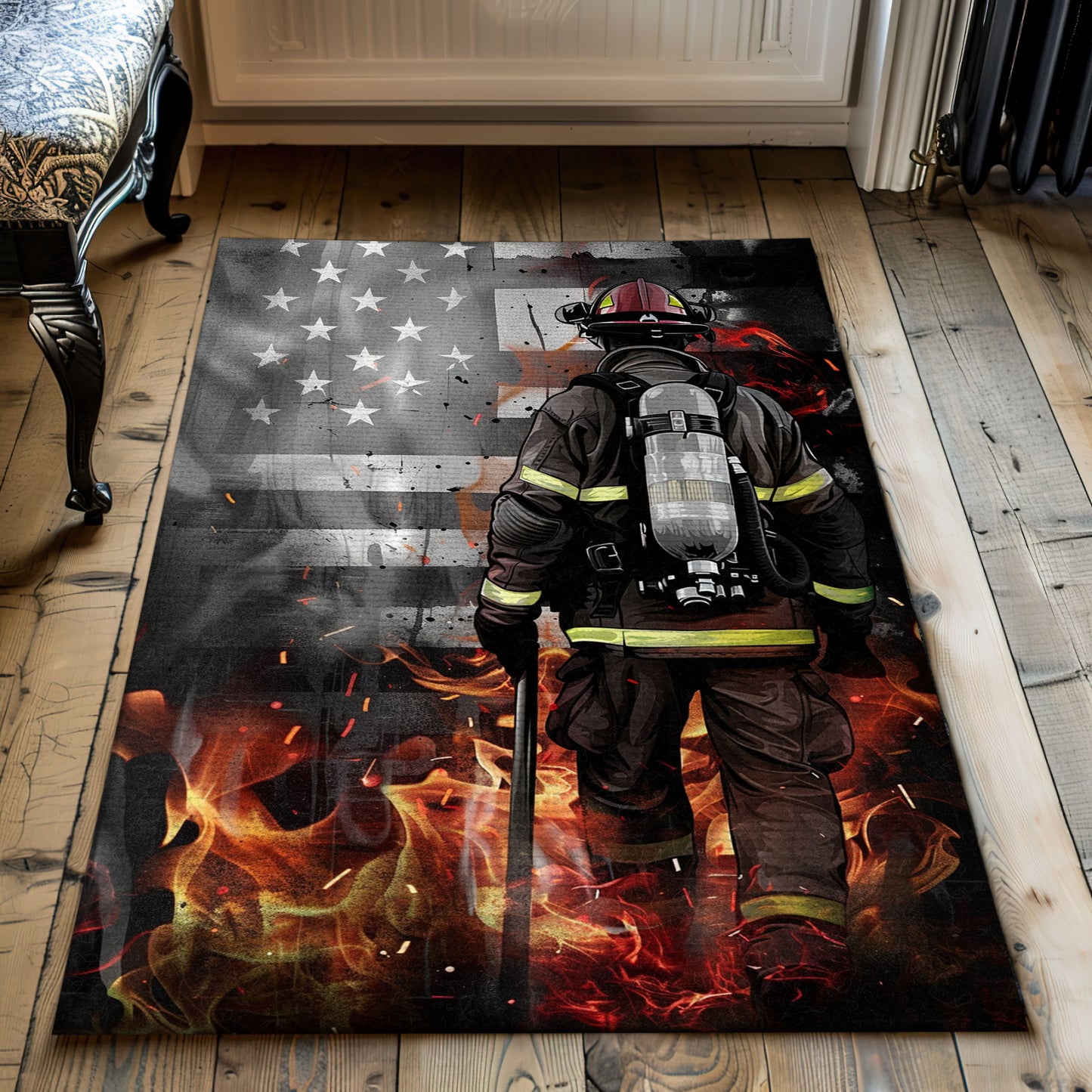 Courageous Firefighter Dad and Son Rug: Celebrate Family and Bravery, Firefighter Rugs for Living Room Bedroom, Firefighter Rectangular Rugs Full Size FR42