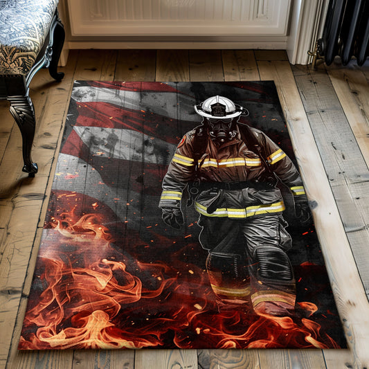 Heroic Firefighter Escaping Smoke and Fire Rug: Symbolize Courage in Your Home, Firefighter Rugs for Living Room Bedroom, Firefighter Rectangular Rugs Full Size FR41