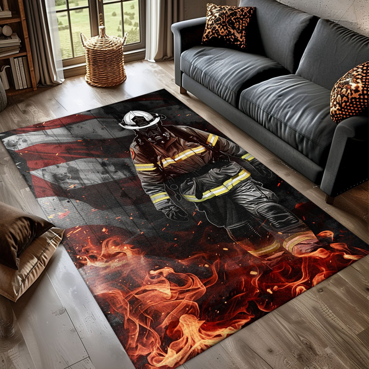 Heroic Firefighter Escaping Smoke and Fire Rug: Symbolize Courage in Your Home, Firefighter Rugs for Living Room Bedroom, Firefighter Rectangular Rugs Full Size FR41