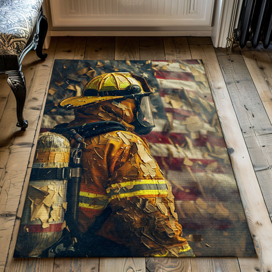 Firefighter Escaping Smoke and Fire Heroic Area Rug: Tribute to Brave First Responders, Firefighter Rugs for Living Room Bedroom, Firefighter Rectangular Rugs Full Size FR36