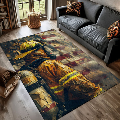 Firefighter Escaping Smoke and Fire Heroic Area Rug: Tribute to Brave First Responders, Firefighter Rugs for Living Room Bedroom, Firefighter Rectangular Rugs Full Size FR36
