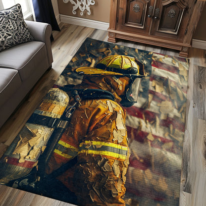 Firefighter Escaping Smoke and Fire Heroic Area Rug: Tribute to Brave First Responders, Firefighter Rugs for Living Room Bedroom, Firefighter Rectangular Rugs Full Size FR36