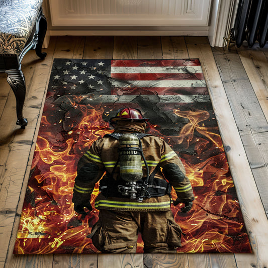 Heroic Firefighter in Full Gear Portrayed Rug: Inspire Courage in Your Home, Firefighter Rugs for Living Room Bedroom, Firefighter Rectangular Rugs Full Size FR35