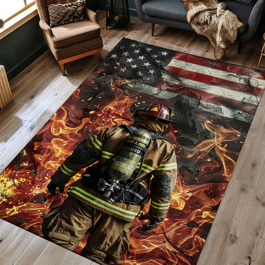 Heroic Firefighter in Full Gear Portrayed Rug: Inspire Courage in Your Home, Firefighter Rugs for Living Room Bedroom, Firefighter Rectangular Rugs Full Size FR35