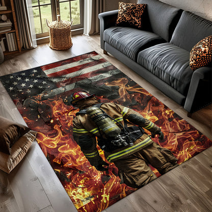 Heroic Firefighter in Full Gear Portrayed Rug: Inspire Courage in Your Home, Firefighter Rugs for Living Room Bedroom, Firefighter Rectangular Rugs Full Size FR35