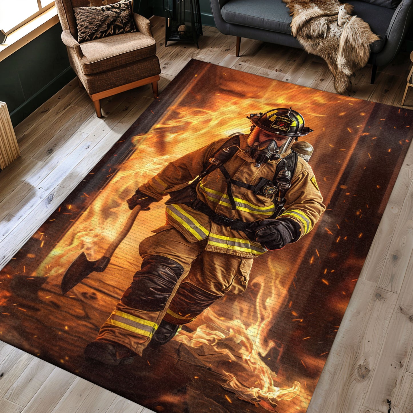 Dynamic Firefighter Theme Area Rug: Elevate Your Room with Courageous Flair, Firefighter Rugs for Living Room Bedroom, Firefighter Rectangular Rugs Full Size FR33