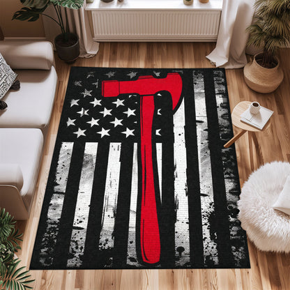 Bold Fire Truck in Front of the USA Flag Area Rug: Show Support for First Responders and Nation, Firefighter Rugs for Living Room Bedroom, Firefighter Rectangular Rugs Full Size FR60