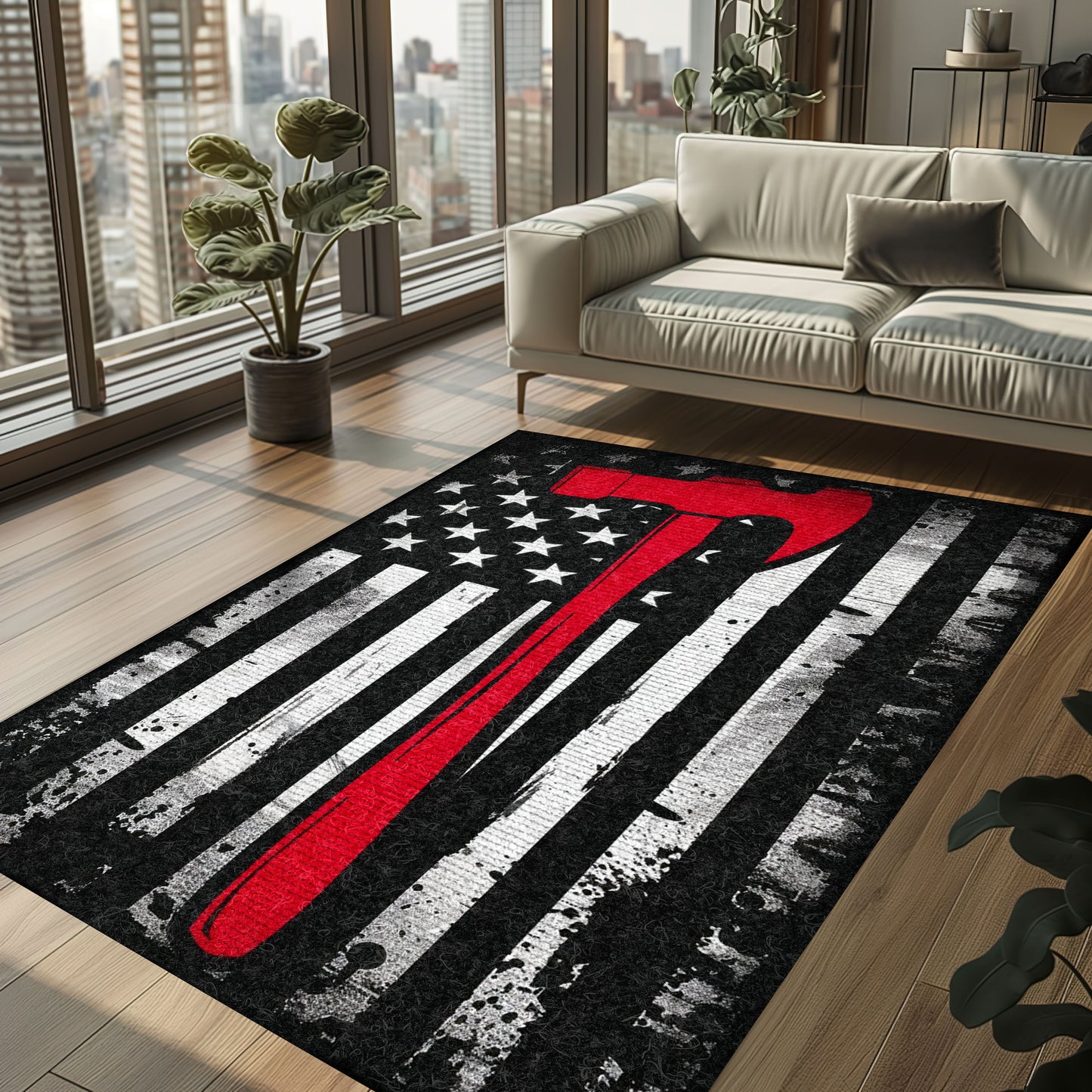 Bold Fire Truck in Front of the USA Flag Area Rug: Show Support for First Responders and Nation, Firefighter Rugs for Living Room Bedroom, Firefighter Rectangular Rugs Full Size FR60