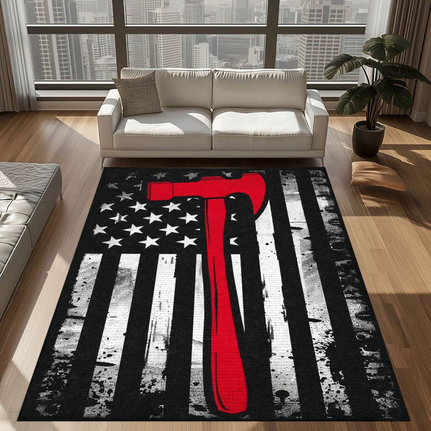 Bold Fire Truck in Front of the USA Flag Area Rug: Show Support for First Responders and Nation, Firefighter Rugs for Living Room Bedroom, Firefighter Rectangular Rugs Full Size FR60