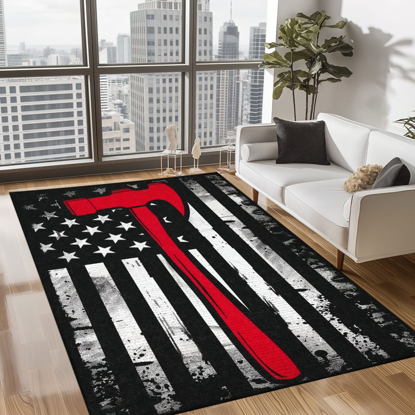 Bold Fire Truck in Front of the USA Flag Area Rug: Show Support for First Responders and Nation, Firefighter Rugs for Living Room Bedroom, Firefighter Rectangular Rugs Full Size FR60