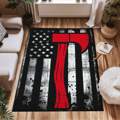 Bold Fire Truck in Front of the USA Flag Area Rug: Show Support for First Responders and Nation, Firefighter Rugs for Living Room Bedroom, Firefighter Rectangular Rugs Full Size FR60