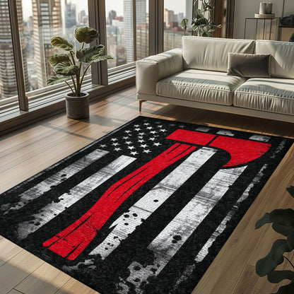 Bold Fire Truck in Front of the USA Flag Area Rug: Show Support for First Responders and Nation, Firefighter Rugs for Living Room Bedroom, Firefighter Rectangular Rugs Full Size FR60