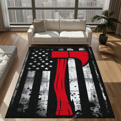 Bold Fire Truck in Front of the USA Flag Area Rug: Show Support for First Responders and Nation, Firefighter Rugs for Living Room Bedroom, Firefighter Rectangular Rugs Full Size FR60