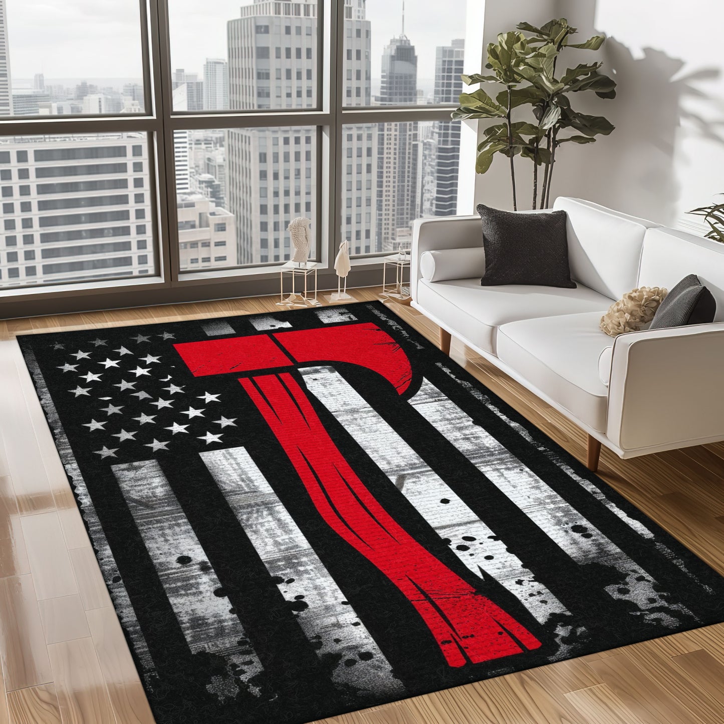 Bold Fire Truck in Front of the USA Flag Area Rug: Show Support for First Responders and Nation, Firefighter Rugs for Living Room Bedroom, Firefighter Rectangular Rugs Full Size FR60