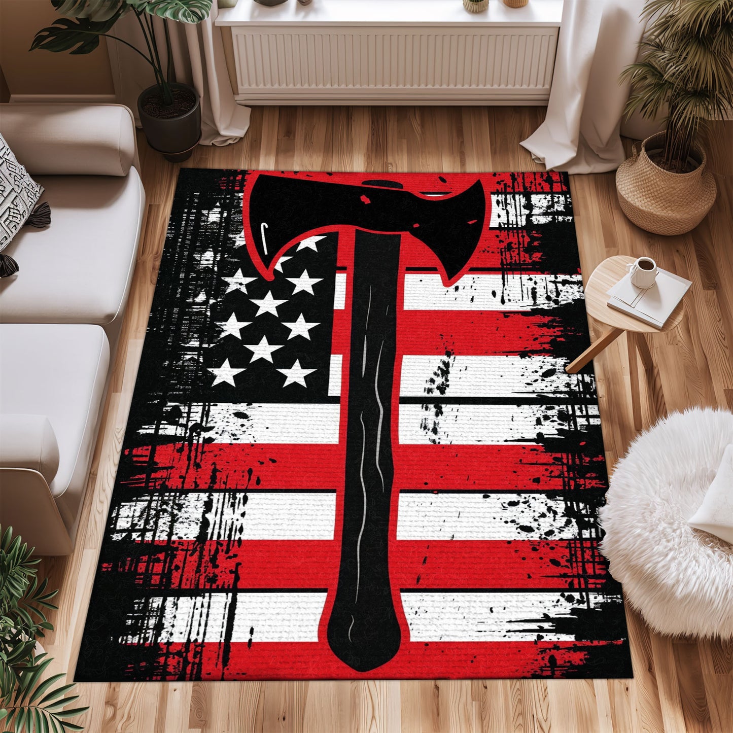 Bold Fire Truck in Front of the USA Flag Area Rug: Show Support for First Responders and Nation, Firefighter Rugs for Living Room Bedroom, Firefighter Rectangular Rugs Full Size FR60