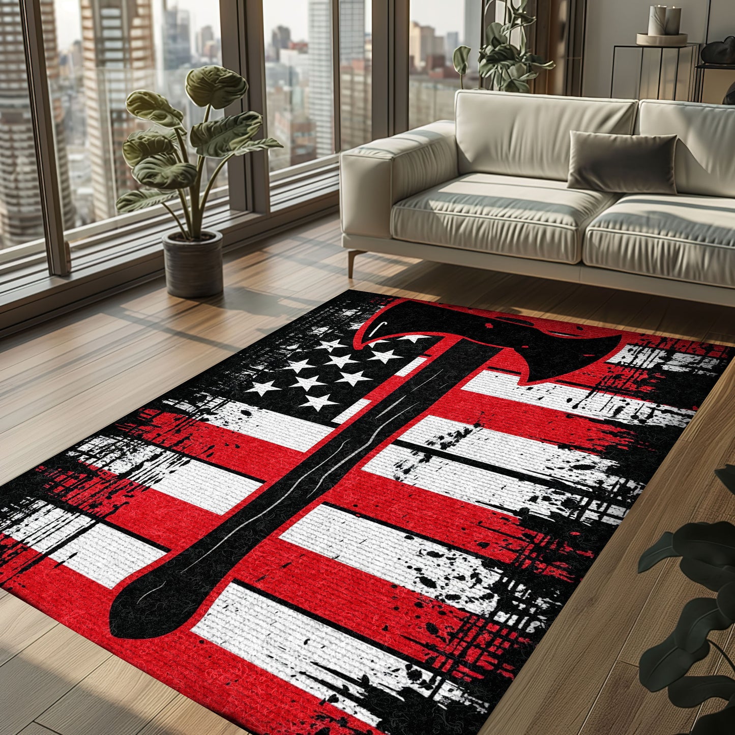 Bold Fire Truck in Front of the USA Flag Area Rug: Show Support for First Responders and Nation, Firefighter Rugs for Living Room Bedroom, Firefighter Rectangular Rugs Full Size FR60