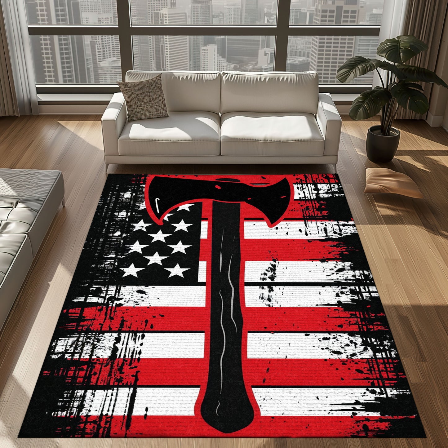 Bold Fire Truck in Front of the USA Flag Area Rug: Show Support for First Responders and Nation, Firefighter Rugs for Living Room Bedroom, Firefighter Rectangular Rugs Full Size FR60