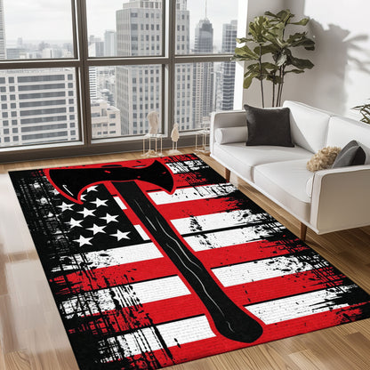 Bold Fire Truck in Front of the USA Flag Area Rug: Show Support for First Responders and Nation, Firefighter Rugs for Living Room Bedroom, Firefighter Rectangular Rugs Full Size FR60