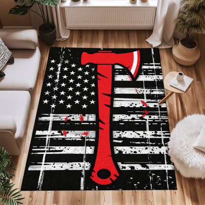 Bold Fire Truck in Front of the USA Flag Area Rug: Show Support for First Responders and Nation, Firefighter Rugs for Living Room Bedroom, Firefighter Rectangular Rugs Full Size FR60