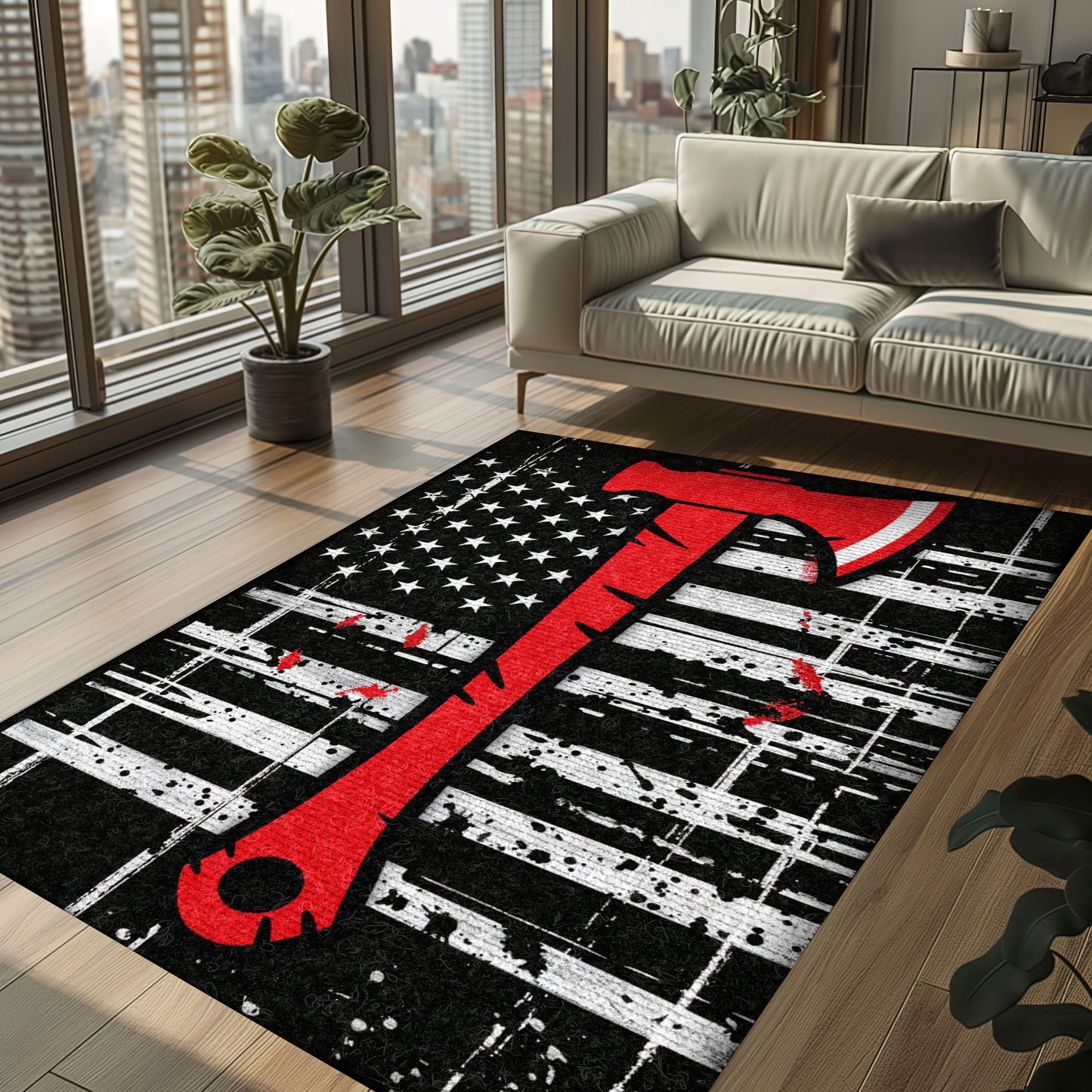 Bold Fire Truck in Front of the USA Flag Area Rug: Show Support for First Responders and Nation, Firefighter Rugs for Living Room Bedroom, Firefighter Rectangular Rugs Full Size FR60