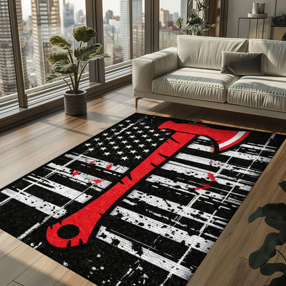 Bold Fire Truck in Front of the USA Flag Area Rug: Show Support for First Responders and Nation, Firefighter Rugs for Living Room Bedroom, Firefighter Rectangular Rugs Full Size FR60