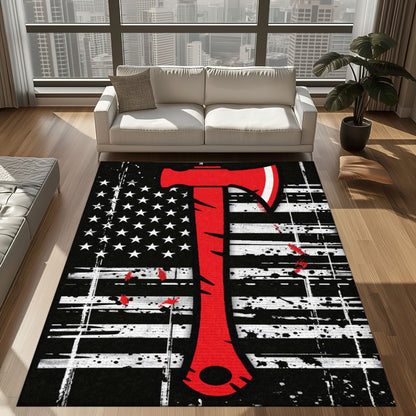 Bold Fire Truck in Front of the USA Flag Area Rug: Show Support for First Responders and Nation, Firefighter Rugs for Living Room Bedroom, Firefighter Rectangular Rugs Full Size FR60