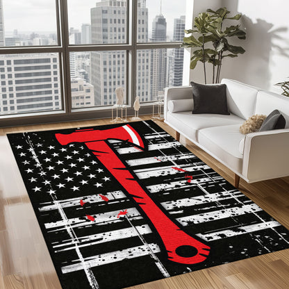 Bold Fire Truck in Front of the USA Flag Area Rug: Show Support for First Responders and Nation, Firefighter Rugs for Living Room Bedroom, Firefighter Rectangular Rugs Full Size FR60