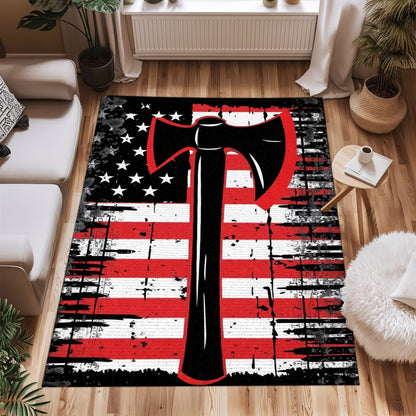 Bold Fire Truck in Front of the USA Flag Area Rug: Show Support for First Responders and Nation, Firefighter Rugs for Living Room Bedroom, Firefighter Rectangular Rugs Full Size FR60