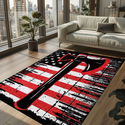 Bold Fire Truck in Front of the USA Flag Area Rug: Show Support for First Responders and Nation, Firefighter Rugs for Living Room Bedroom, Firefighter Rectangular Rugs Full Size FR60