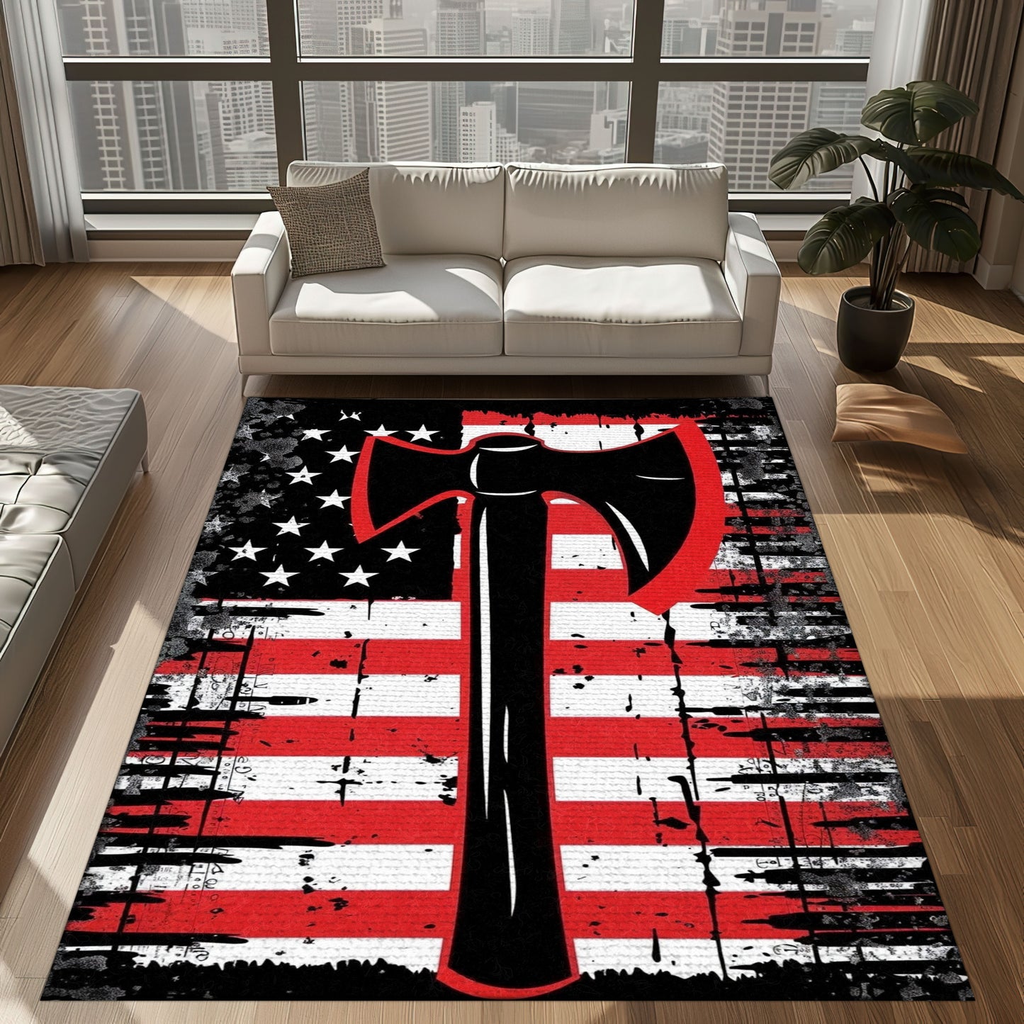 Bold Fire Truck in Front of the USA Flag Area Rug: Show Support for First Responders and Nation, Firefighter Rugs for Living Room Bedroom, Firefighter Rectangular Rugs Full Size FR60