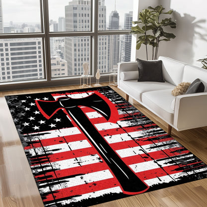 Bold Fire Truck in Front of the USA Flag Area Rug: Show Support for First Responders and Nation, Firefighter Rugs for Living Room Bedroom, Firefighter Rectangular Rugs Full Size FR60