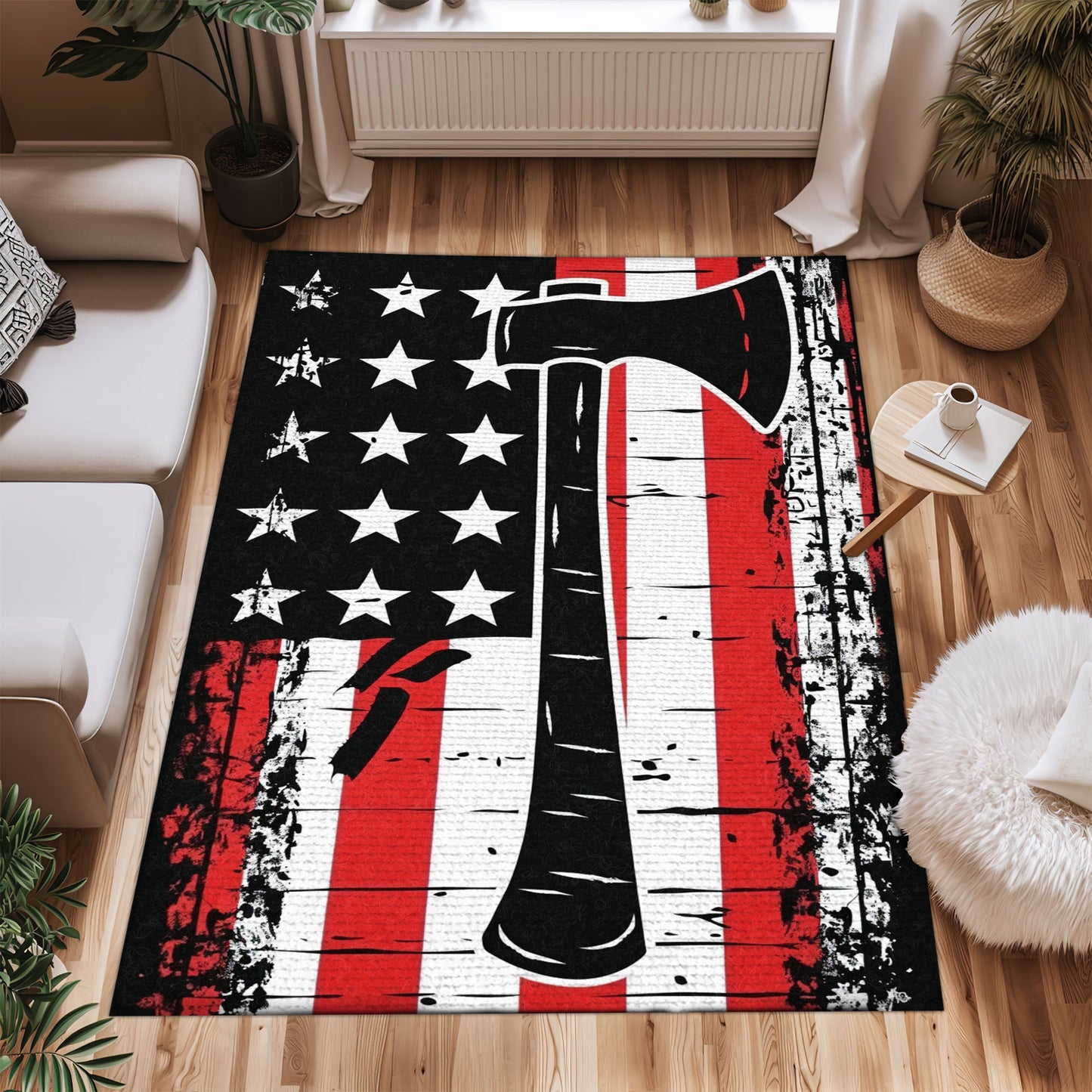 Bold Fire Truck in Front of the USA Flag Area Rug: Show Support for First Responders and Nation, Firefighter Rugs for Living Room Bedroom, Firefighter Rectangular Rugs Full Size FR60