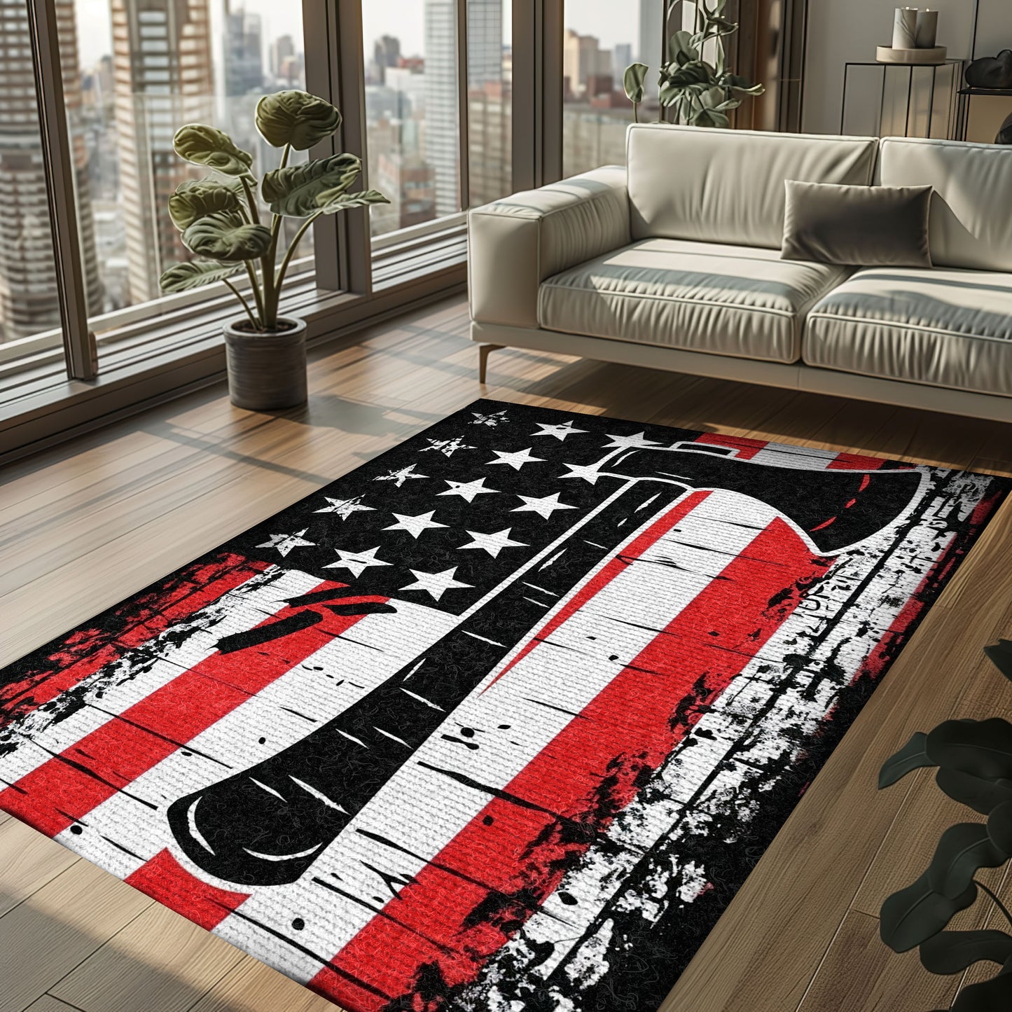 Bold Fire Truck in Front of the USA Flag Area Rug: Show Support for First Responders and Nation, Firefighter Rugs for Living Room Bedroom, Firefighter Rectangular Rugs Full Size FR60