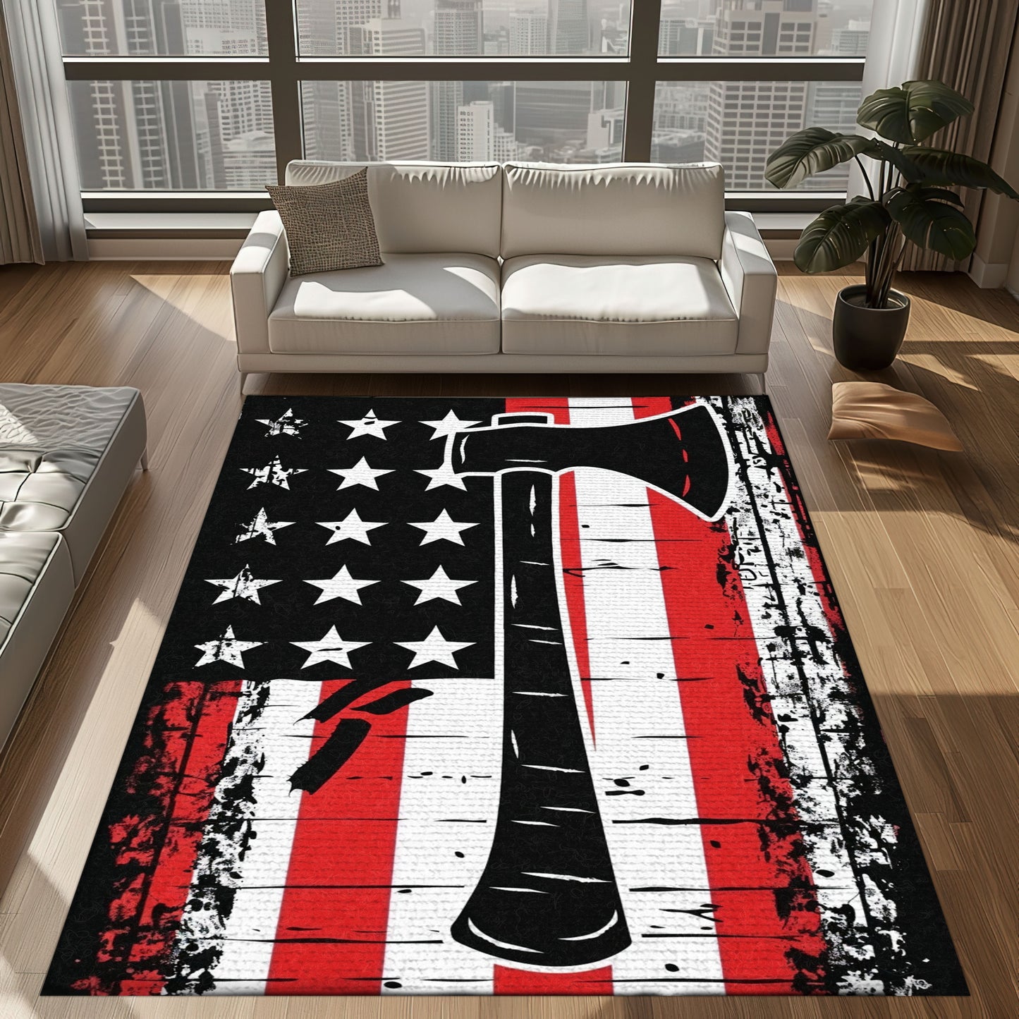 Bold Fire Truck in Front of the USA Flag Area Rug: Show Support for First Responders and Nation, Firefighter Rugs for Living Room Bedroom, Firefighter Rectangular Rugs Full Size FR60