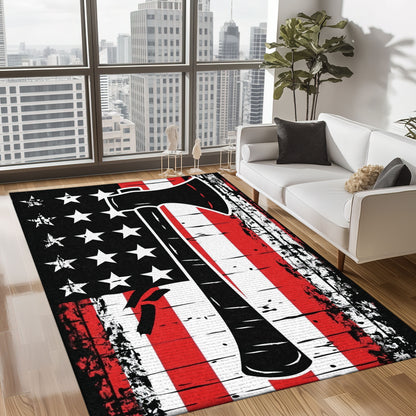 Bold Fire Truck in Front of the USA Flag Area Rug: Show Support for First Responders and Nation, Firefighter Rugs for Living Room Bedroom, Firefighter Rectangular Rugs Full Size FR60