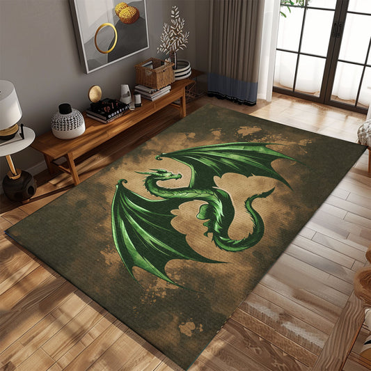 Majestic Green Dragon with Wings Area Rug, Creating a Fantasy-Inspired Ambiance in Any Room, Gift For Dragon Lovers, Personalized Dragon Rug for Living Room, Bedroom DG84