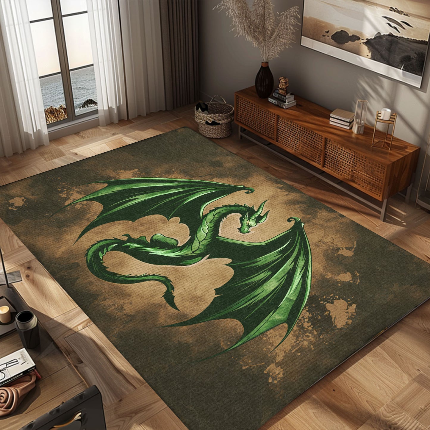 Majestic Green Dragon with Wings Area Rug, Creating a Fantasy-Inspired Ambiance in Any Room, Gift For Dragon Lovers, Personalized Dragon Rug for Living Room, Bedroom DG84