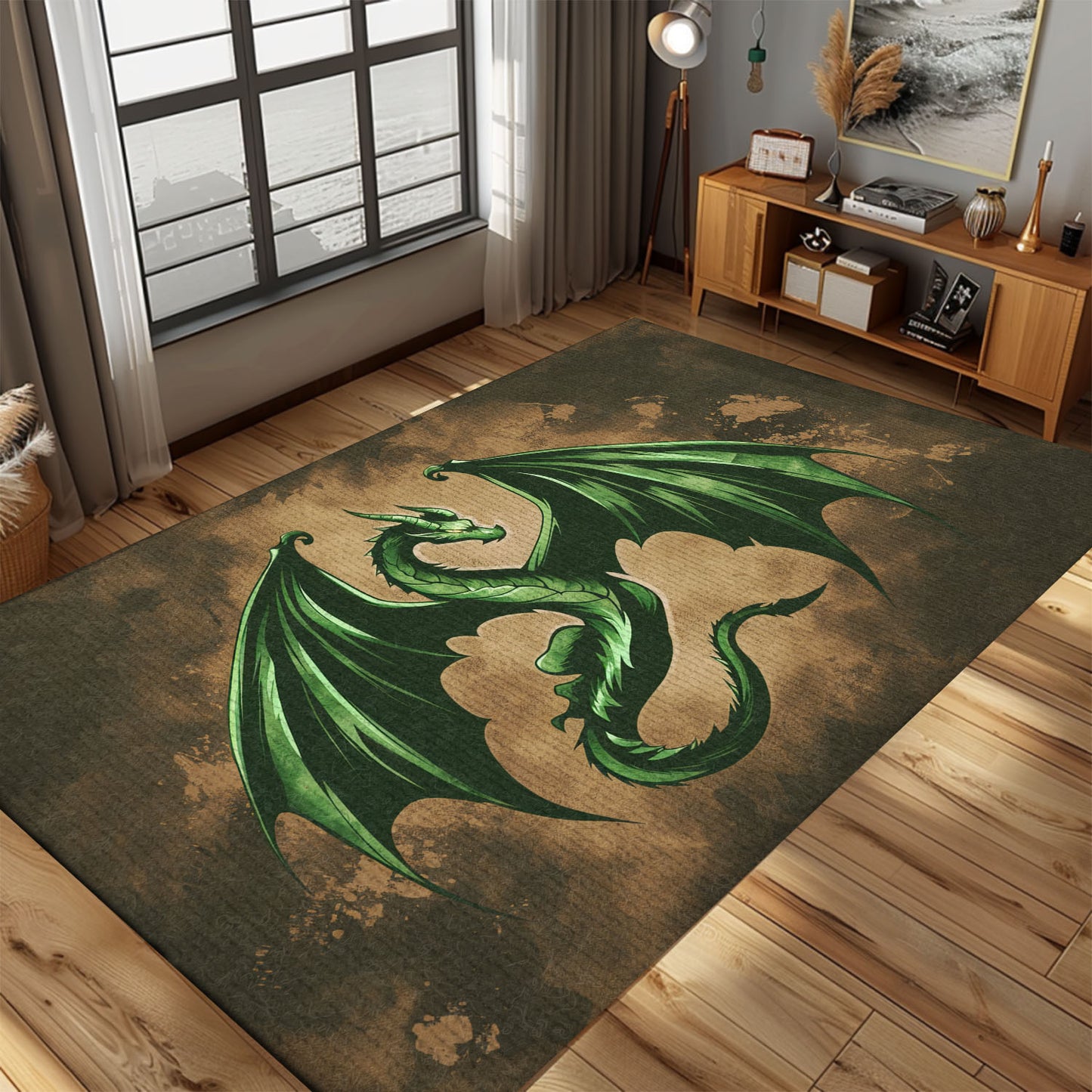 Majestic Green Dragon with Wings Area Rug, Creating a Fantasy-Inspired Ambiance in Any Room, Gift For Dragon Lovers, Personalized Dragon Rug for Living Room, Bedroom DG84