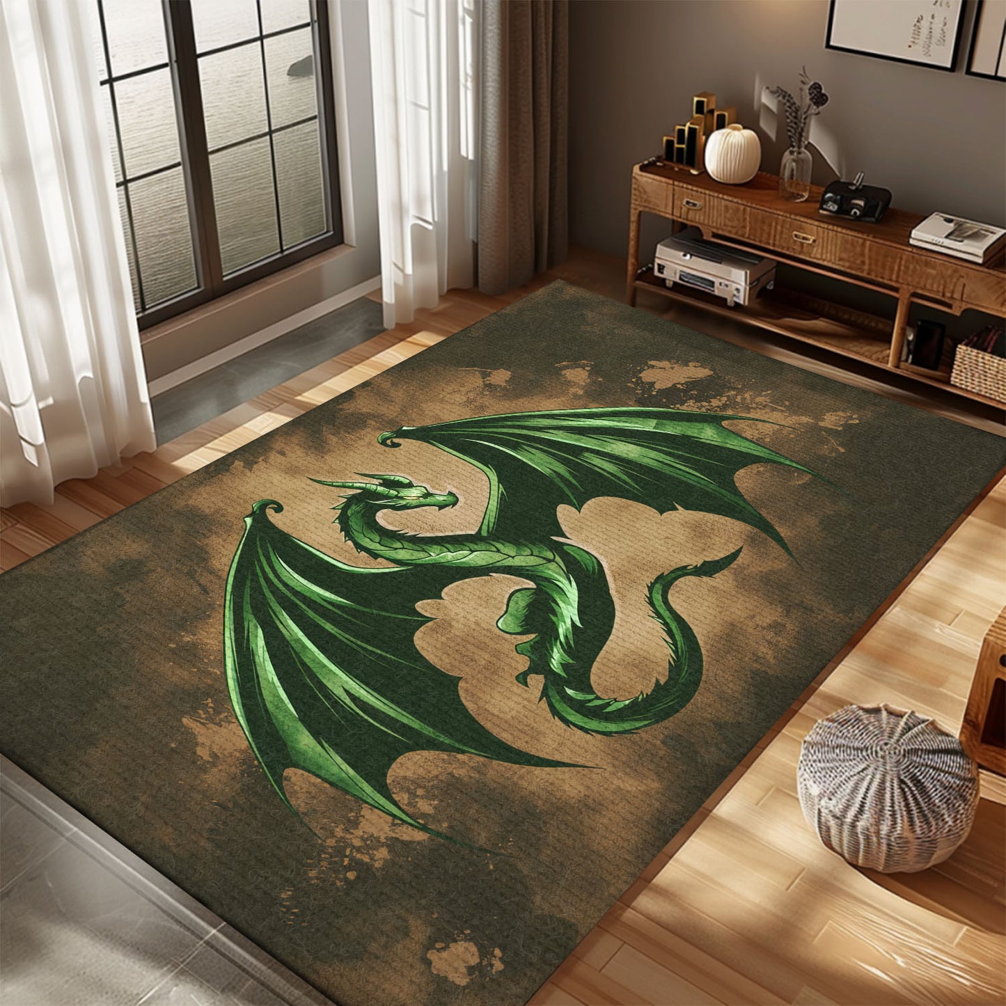 Majestic Green Dragon with Wings Area Rug, Creating a Fantasy-Inspired Ambiance in Any Room, Gift For Dragon Lovers, Personalized Dragon Rug for Living Room, Bedroom DG84
