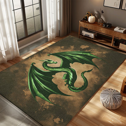 Majestic Green Dragon with Wings Area Rug, Creating a Fantasy-Inspired Ambiance in Any Room, Gift For Dragon Lovers, Personalized Dragon Rug for Living Room, Bedroom DG84