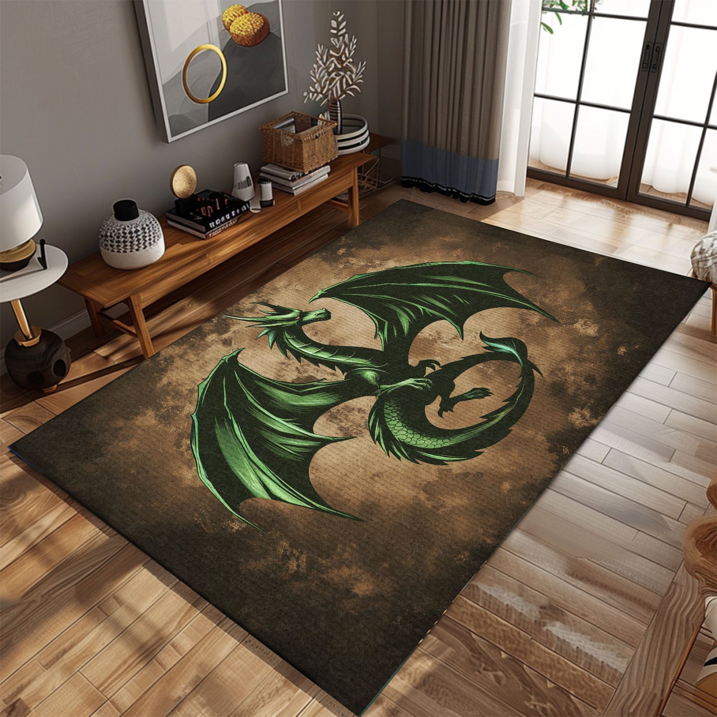 Vibrant Green Dragon with Wings Area Rug, Perfect for Adding a Touch of Magic to Your Home Decor, Gift For Dragon Lovers, Personalized Dragon Rug for Living Room, Bedroom DG83