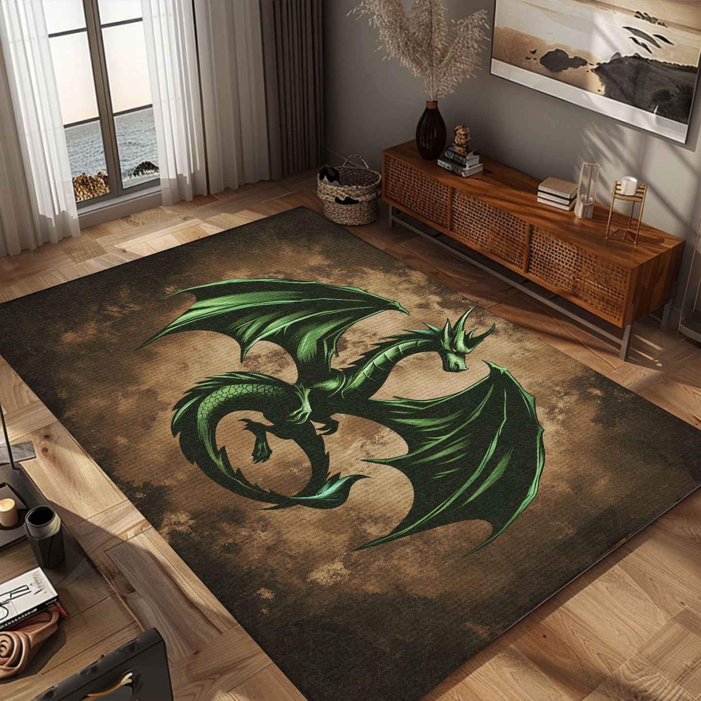 Vibrant Green Dragon with Wings Area Rug, Perfect for Adding a Touch of Magic to Your Home Decor, Gift For Dragon Lovers, Personalized Dragon Rug for Living Room, Bedroom DG83