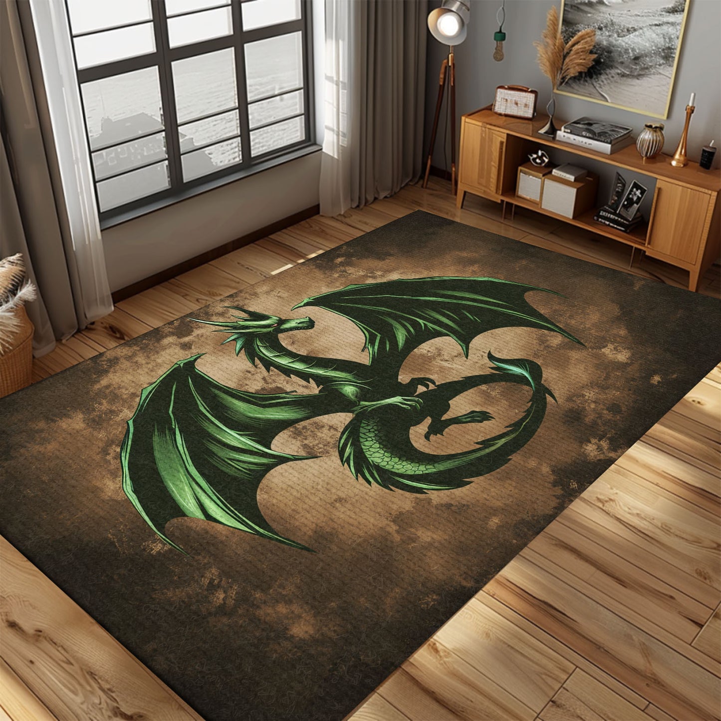 Vibrant Green Dragon with Wings Area Rug, Perfect for Adding a Touch of Magic to Your Home Decor, Gift For Dragon Lovers, Personalized Dragon Rug for Living Room, Bedroom DG83