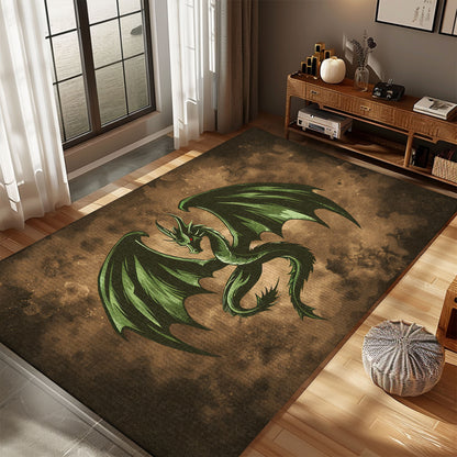 Enchanting Green Dragon with Wings Area Rug, Ideal for Fantasy-Themed Rooms and Dragon Enthusiasts, Gift For Dragon Lovers, Personalized Dragon Rug for Living Room, Bedroom DG82