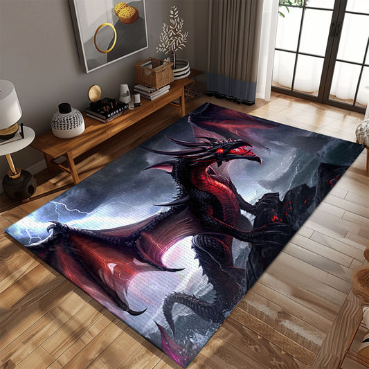 Powerful and Fearsome Black Dragon Area Rug with Vivid Red Accents, Perfect for Dramatic and Bold Interiors, Gift For Dragon Lovers, Personalized Dragon Rug for Living Room, Bedroom DG81
