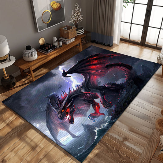 Intimidating Black Dragon with Bright Red Accents Area Rug, Perfect for Adding an Edge to Your Interior Design, Gift For Dragon Lovers, Personalized Dragon Rug for Living Room, Bedroom DG80
