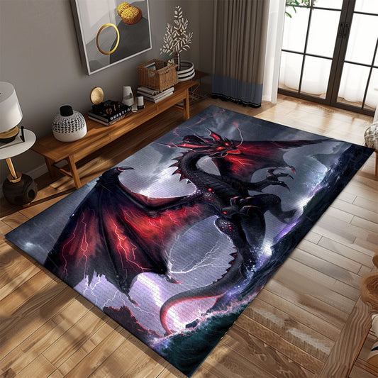 Fearsome Black Dragon with Vivid Red Accents, Powerful Area Rug for a Bold and Striking Home or Office Decor, Gift For Dragon Lovers, Personalized Dragon Rug for Living Room, Bedroom DG79